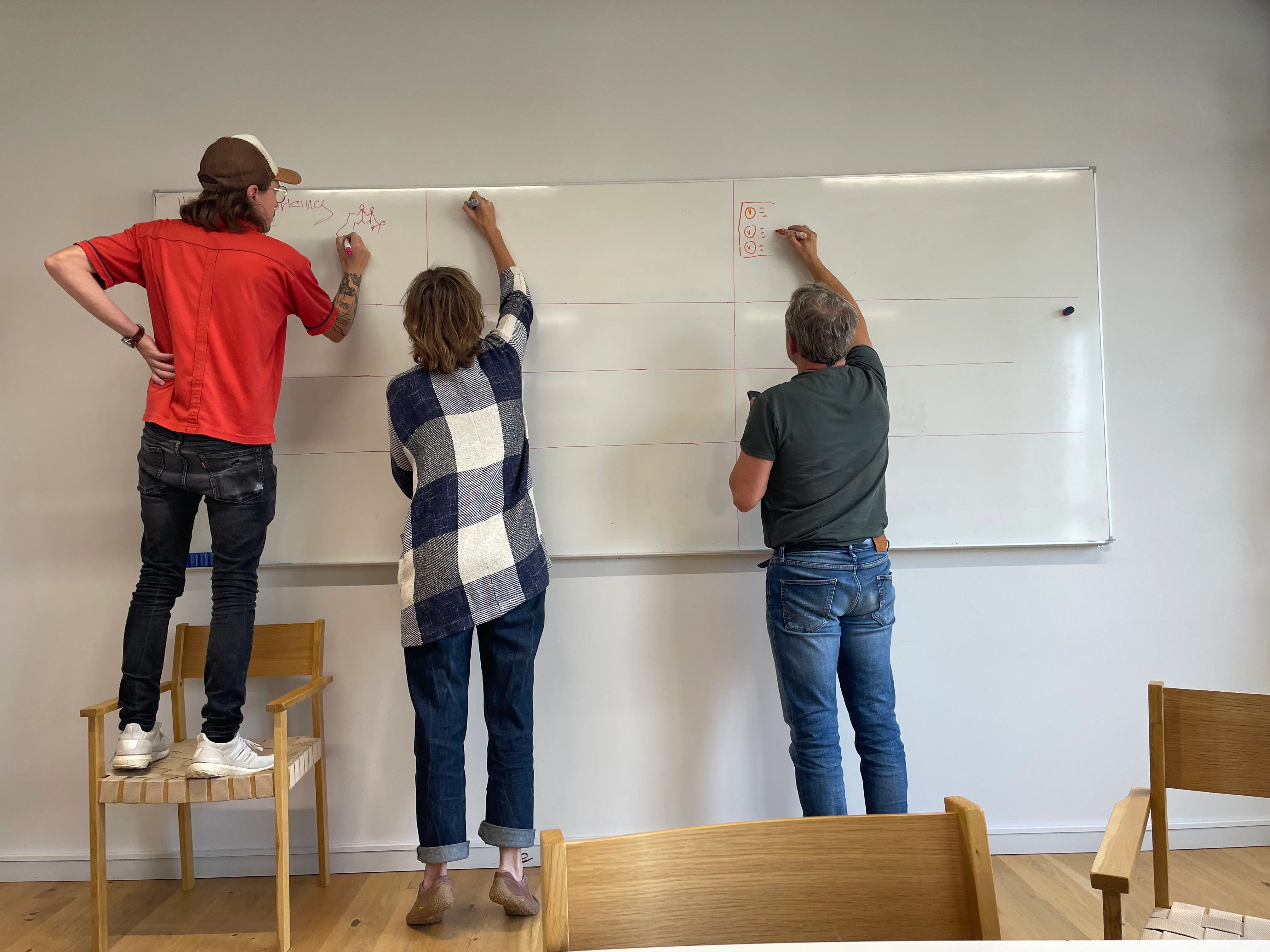Workshop members writing on the whiteboard
